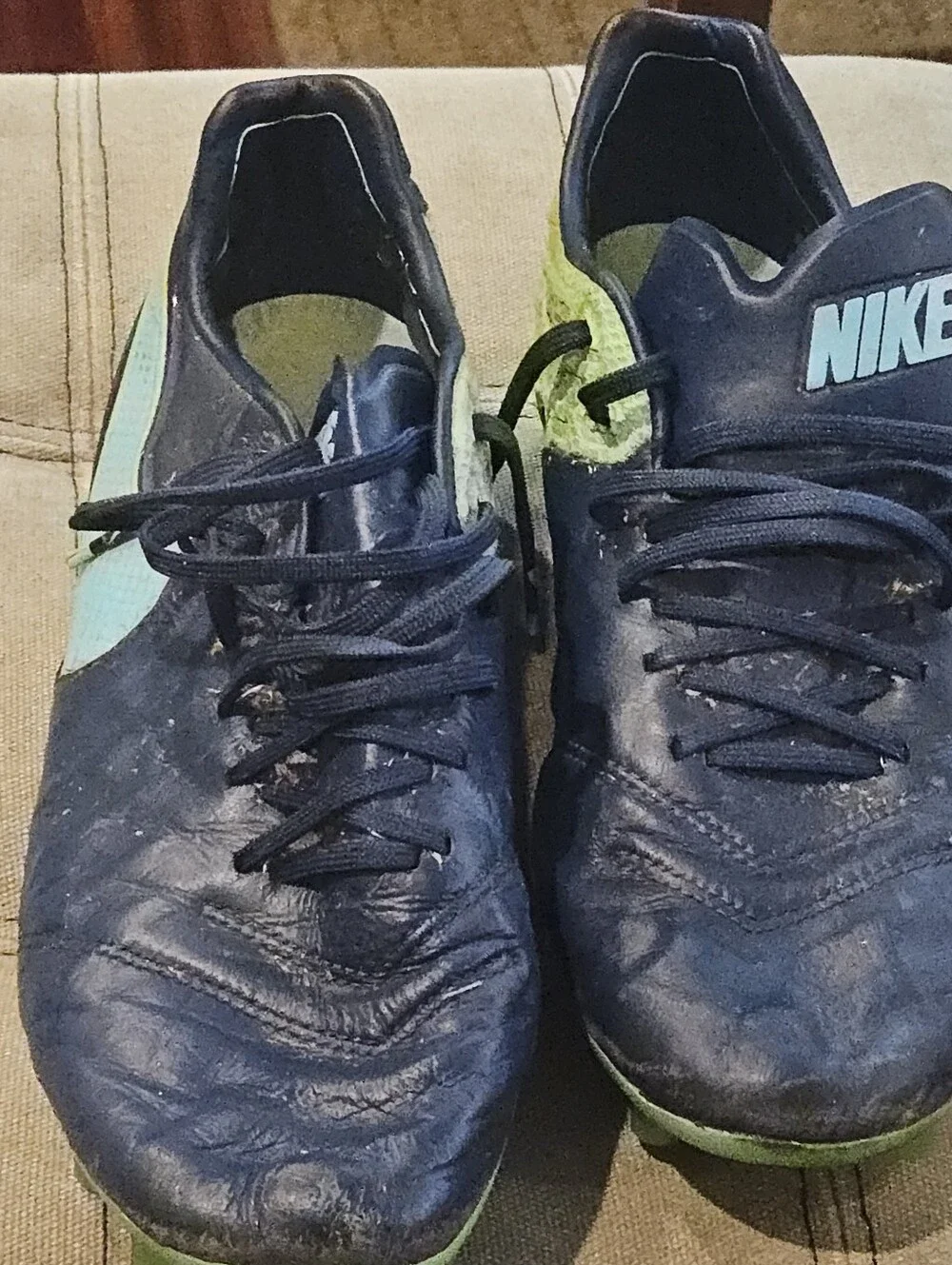 Nike TIEMPO Men's Navy Blue Soccer Training Shoes with Aqua and Lime Accents